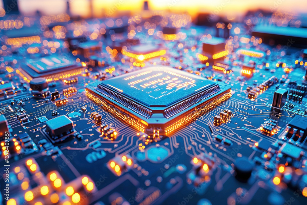 A close-up view of a circuit board with intricate details, glowing lights, and a dynamic array of electronic components, showcasing technology and innovation. A close-up view of a circuit board with intricate details, glowing lights, and a dynamic array of electronic components, showcasing technology and innovation.