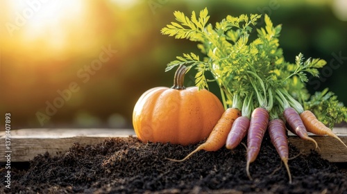 Wallpaper Mural Autumn Harvest  Pumpkin  Carrots  Soil  Garden  Sunlight Torontodigital.ca
