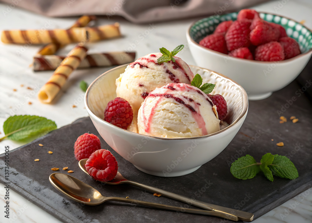 Rich and creamy ice cream topped with a mix of fresh, juicy berries for a perfect balance of sweetness and tartness | Helado cremoso y delicioso cubierto con una mezcla de bayas frescas y jugosas para Rich and creamy ice cream topped with a mix of fresh, juicy berries for a perfect balance of sweetness and tartness | Helado cremoso y delicioso cubierto con una mezcla de bayas frescas y jugosas para