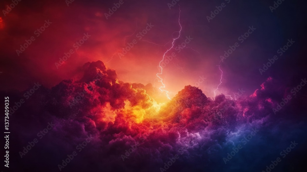 Fototapeta premium A powerful lightning storm strikes the sky as sunset colors blend through dark clouds, creating an intense and captivating atmosphere