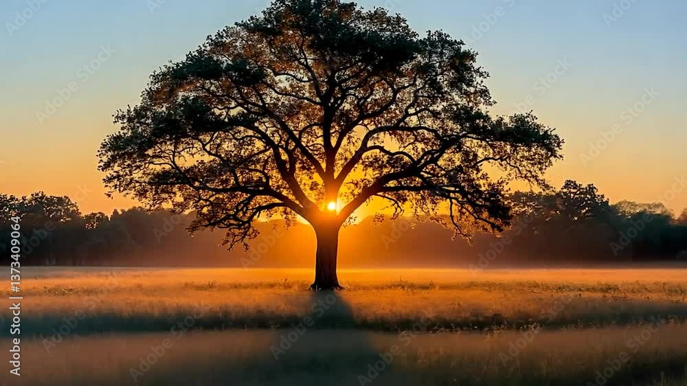 Sunrise silhouettes a lone tree in a misty field Sunrise silhouettes a lone tree in a misty field