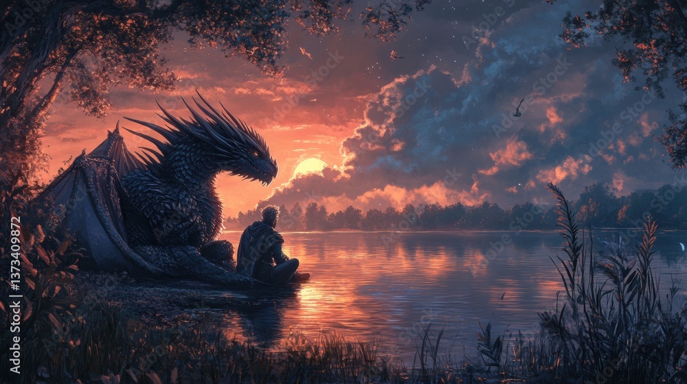 Obraz premium A fantastical scene depicting a majestic dragon resting beside a serene lake during sunset. The dragon's dark, scaled skin contrasts beautifully against the warm hues of the sky, filled with fluffy cl