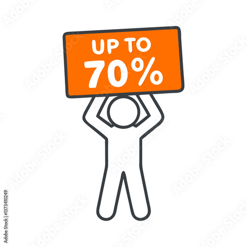 Person holding sign displaying discount of up to 70%  