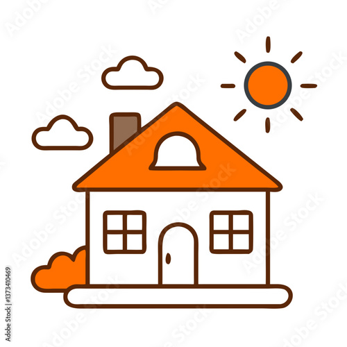 Cute House with Sun and Clouds in a Simple Design  