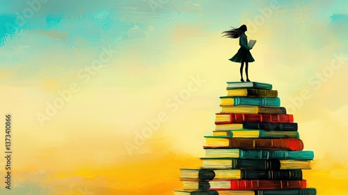 A silhouette of a girl standing on a pile of colorful books against a vibrant sky.