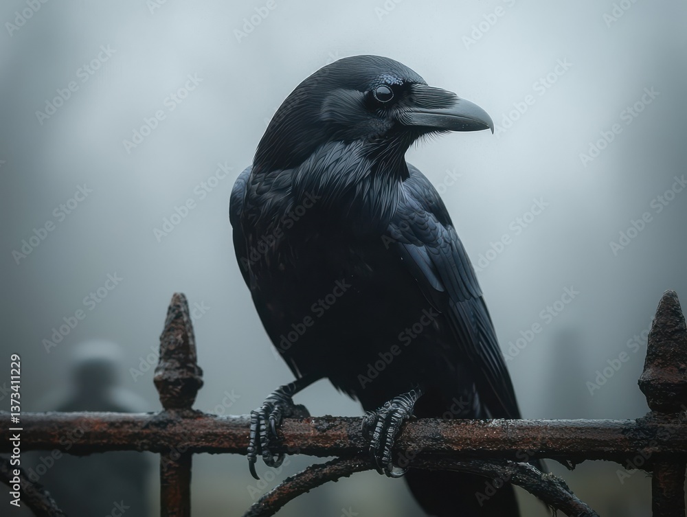 Fototapeta premium A solitary black raven perched on a rusted fence in a misty environment.