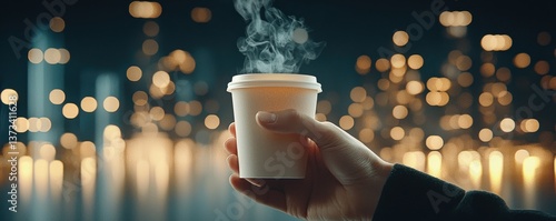A steaming cup of coffee held against a blurred city backdrop at night.