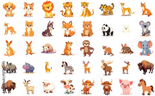 Cartoon wild and domestic animals collection in cute style, no background	