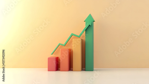 A digital financial growth illustration with a bold green arrow moving upward over a rising bar chart, representing positive market trends and success.