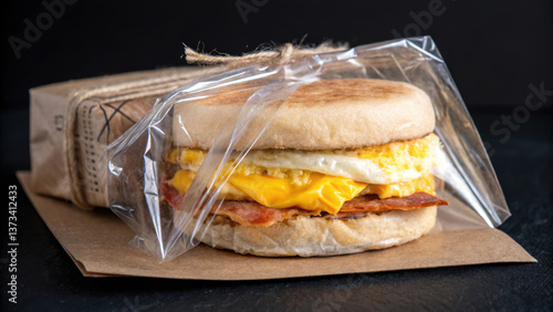 Deli morning meal or breakfast. close up of fresh breakfast sandwich wrapped clear plastic, featuring egg, cheese, and bacon.