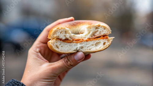 Deli morning meal or breakfast. close up of hand holding half eaten bagel with spread.