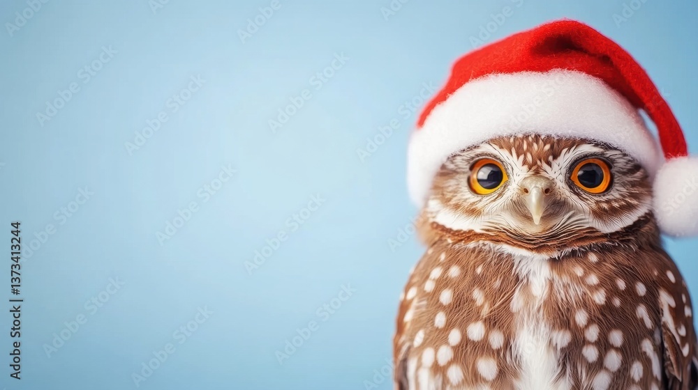 A charming owl with big eyes and a festive Santa hat poses against a light blue background, capturing the holiday spirit A charming owl with big eyes and a festive Santa hat poses against a light blue background, capturing the holiday spirit
