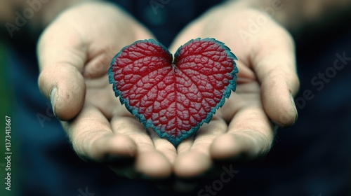 Hands hold a heart-shaped leaf, red with a blue-green edge, presenting it openly