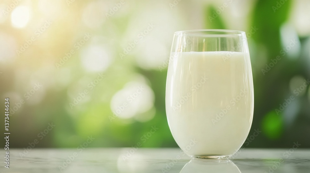 A clear glass filled with fresh milk is set on a flat surface, surrounded by blurred green foliage, suggesting a bright and natural environment A clear glass filled with fresh milk is set on a flat surface, surrounded by blurred green foliage, suggesting a bright and natural environment