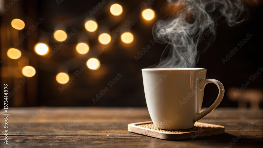 Obraz premium Deli morning meal or breakfast. steaming coffee cup on coaster with warm bokeh lights in background.