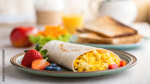 Deli morning meal or breakfast. delicious breakfast burrito with scrambled eggs, fresh fruit, and toast bright morning table.