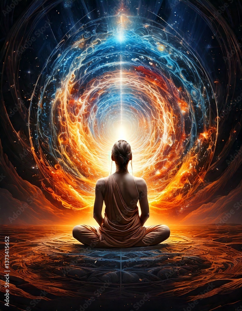 A vortex of energy swirling around a meditating being, transcending dimensions. A vortex of energy swirling around a meditating being, transcending dimensions.