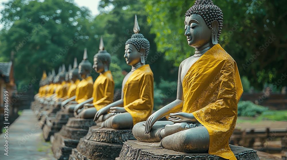 Fototapeta premium Serene Buddhas in peaceful alignment outdoors.