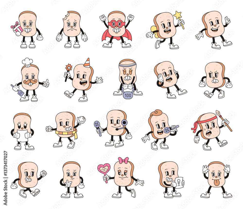 Obraz premium Bread toast character set includes a variety of fun illustrations showing emotions, outfits, and pose in a cute vintage cartoon food themed style for yours creative projects