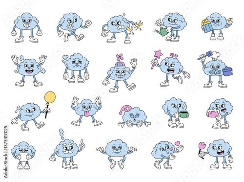 Set of adorable cloud characters in different poses and emotions with fun props like cake, balloons, heart, letter, hat, and popcorn for yours illustration and creative designs projects