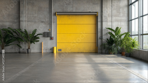 Bright yellow industrial door in concrete warehouse space with green potted plants, minimal contemporary commercial interior with contrasting elements