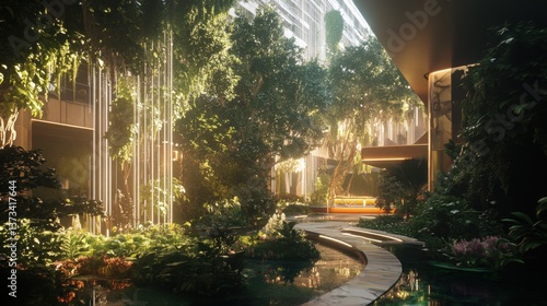 A tranquil, lush garden scene featuring an array of vibrant greenery, illuminated by soft, ambient light. The pathway meanders through the foliage and leads to a serene pond, while vertical light stri photo