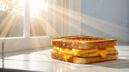 Deli morning meal or breakfast. Grilled cheese sandwich with melted cheese and sunlight streaming through window in morning.