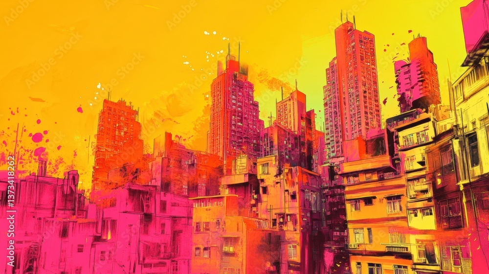Obraz premium A vibrant and visually striking illustration of an urban landscape, showcasing towering skyscrapers amidst a backdrop of bold orange and yellow hues. The buildings are represented in shades of pink an