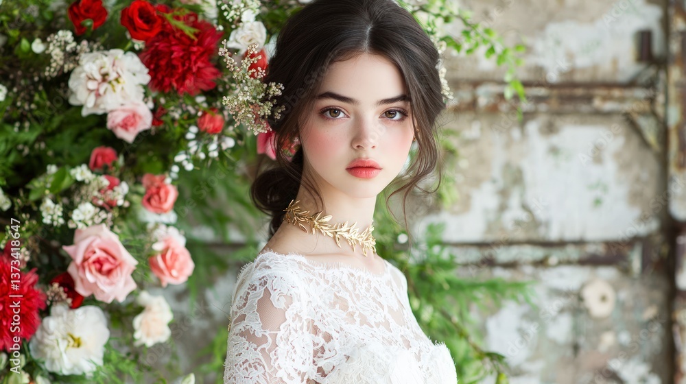 Elegant Bride Floral Headpiece Gold Jewelry Romantic Portrait Elegant Bride Floral Headpiece Gold Jewelry Romantic Portrait