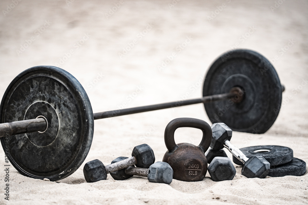 Sport kettlebell training. Sport dumbbells on sand. Sporty outdoor fitness. Sport weightlifting workout. Barbell lifting. Sport motivation exercise.