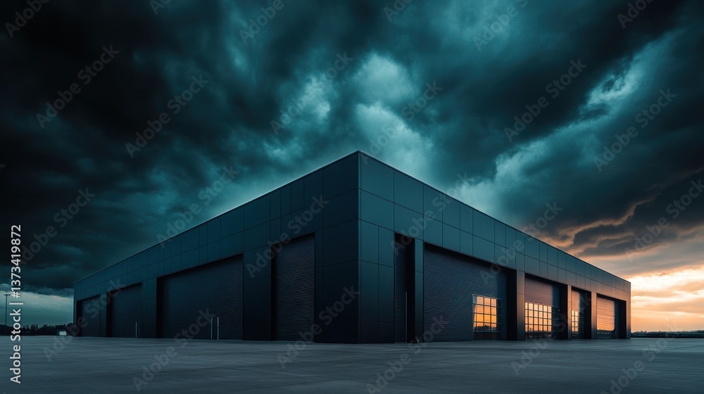 Fototapeta premium Modern industrial building under a dramatic stormy sky at sunset.
