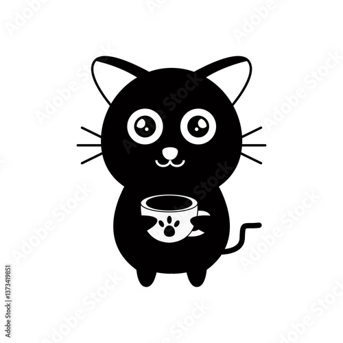 Cute Black Cat Holding Coffee Vector Illustration: Adorable Feline Character with a Cup, Perfect for Coffee Lovers and Cat Enthusiasts, Vector Art.