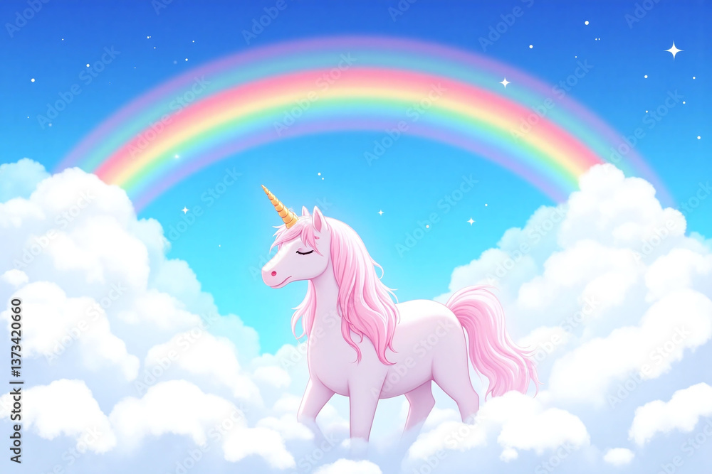 Fototapeta premium white unicorn with a pink mane standing in the clouds