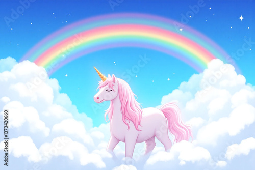 white unicorn with a pink mane standing in the clouds