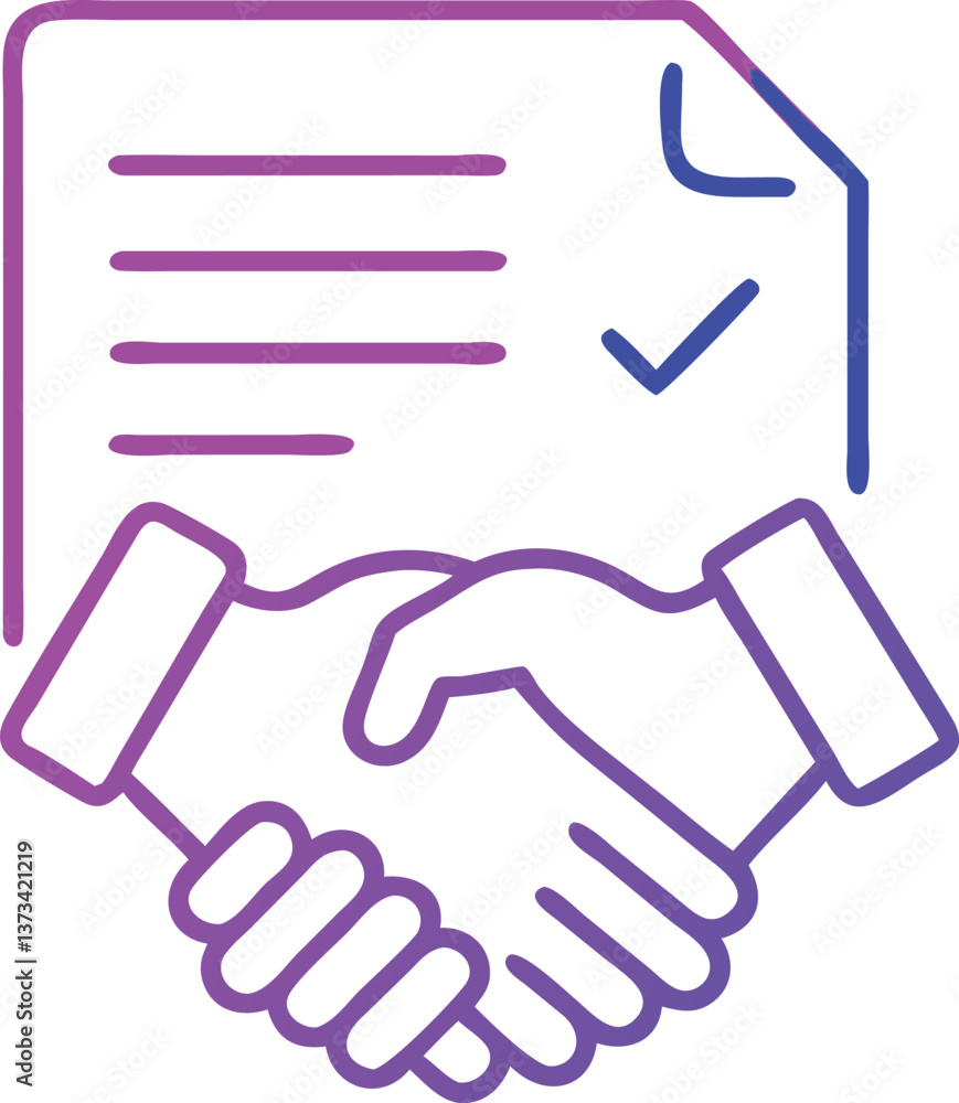 Two hands shaking with a contract document icon Two hands shaking with a contract document icon