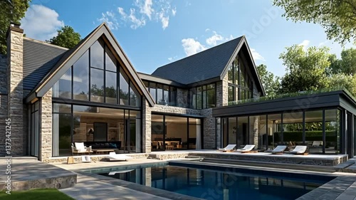 Modern house architecture, blending traditional architectural elements with contemporary design, featuring grand facade, large windows, manicured garden