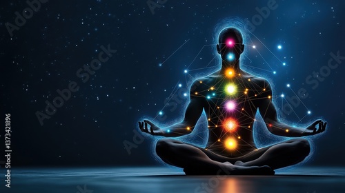 A serene digital illustration depicts a meditating figure with vibrant illuminated chakras connected by glowing energy lines against a dark starry background symbolizing inner