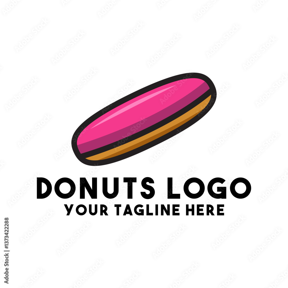 Simple, pink glazed donut logo. A stylized donut design with a pink glaze and a golden brown filling Simple, pink glazed donut logo. A stylized donut design with a pink glaze and a golden brown filling