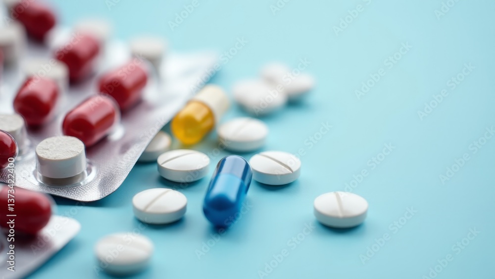 Assorted Pills And Capsules On Blue Assorted Pills And Capsules On Blue