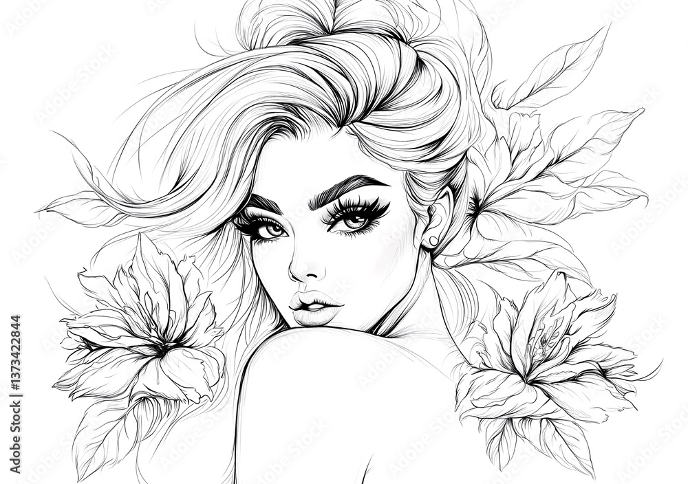 A coloring page of an elegant woman in a flowing, draped dress, posing gracefully with a subtle smile and wavy hair, surrounded by the beauty of nature A coloring page of an elegant woman in a flowing, draped dress, posing gracefully with a subtle smile and wavy hair, surrounded by the beauty of nature