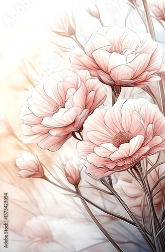 Line art drawing of white roses, light gray background, bokeh effect, clipart with space for text in the center