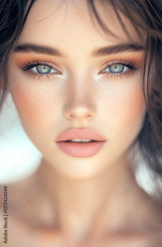 A beautiful girl with long brown hair and blue eyes, wearing an orange hat and pink lipstick, looking directly at the camera. A beautiful girl with long brown hair and blue eyes, wearing an orange hat and pink lipstick, looking directly at the camera.
