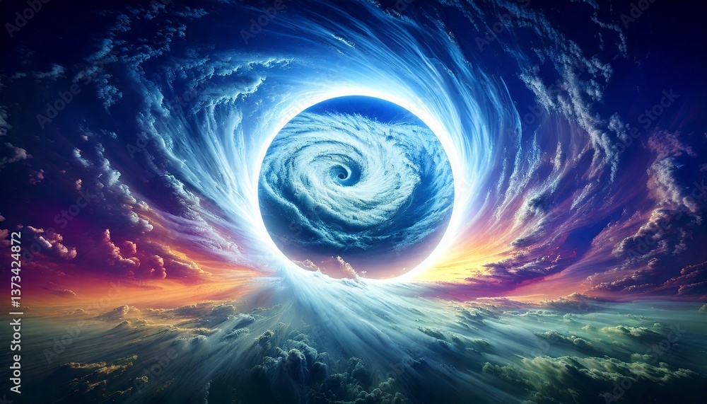 Fototapeta premium 空に浮かぶ渦巻くエネルギー球、幻想的な宇宙の目、光に包まれた空間の中心、スピリチュアルな天体のビジョン、渦状に広がる雲と光のアート、宇宙と繋がるポータルのような景色、エネルギーが集まる神秘の球体、天と地を繋ぐ幻想の回廊、光の中に現れる異次元の入り口、空と宇宙が融合するファンタジー風景 