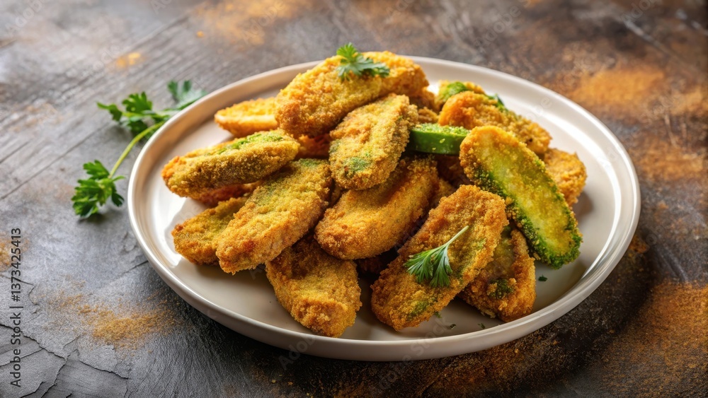 A plate of golden-brown breaded and fried vegetable slices, seasoned with herbs, served as a delicious appetizer or side dish. A plate of golden-brown breaded and fried vegetable slices, seasoned with herbs, served as a delicious appetizer or side dish.