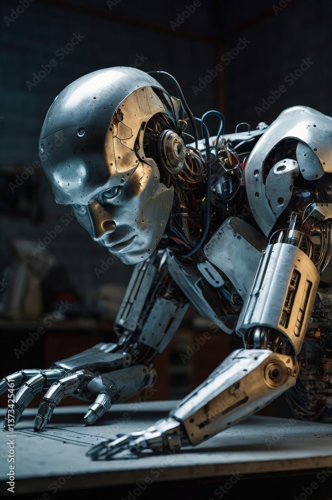 Fototapeta premium Humanoid Robot Writing in a Library, Focused on Learning and Knowledge