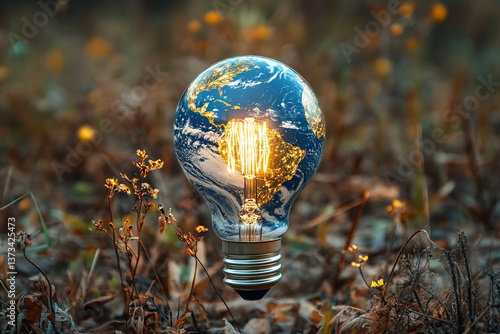 Light bulb shaped like planet Earth illuminates the beauty of nature in the background