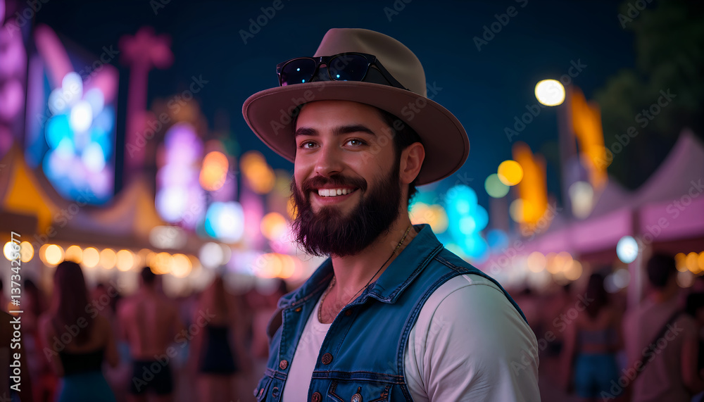 A confident young man enjoying the night at a vibrant music festival. A confident young man enjoying the night at a vibrant music festival.