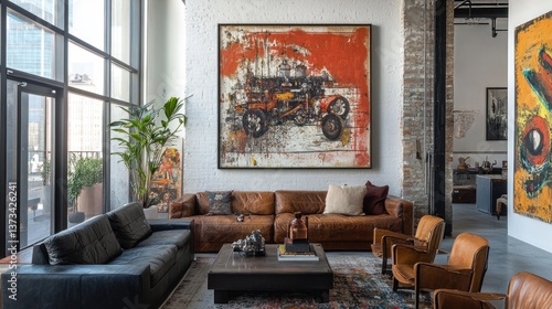 Wallpaper Mural Modern living room with leather sofas, artwork, and large windows. Torontodigital.ca