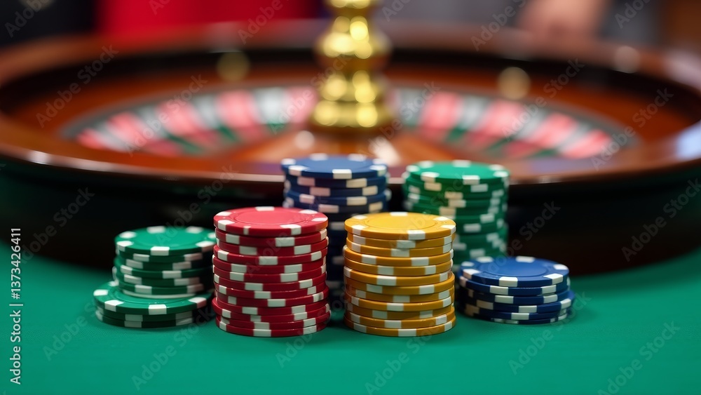 Naklejka premium Casino Chips With Roulette Wheel Background