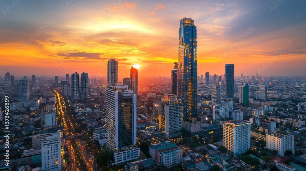 Fototapeta premium Sunset urban skyline bangkok cityscape photography evening glow aerial view modern architecture
